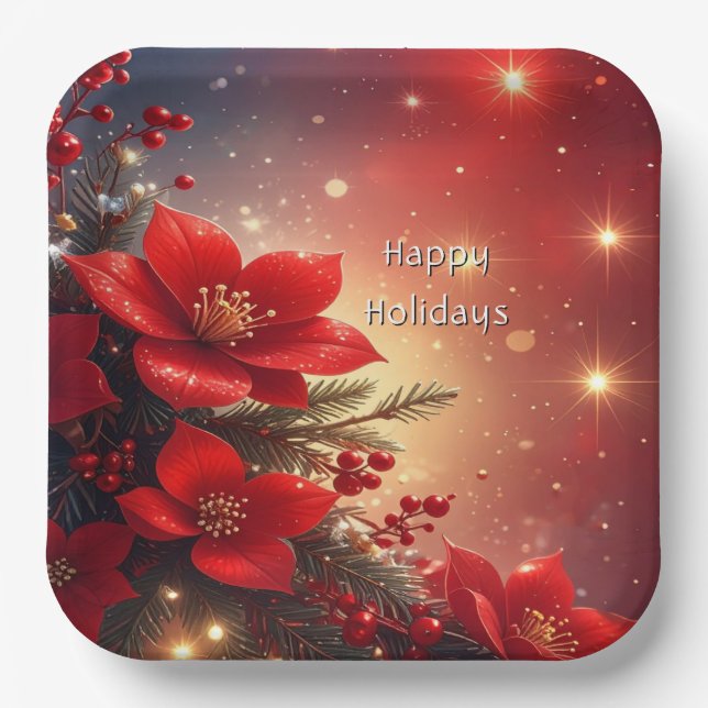 Red Christmas Floral Holiday Paper Plate Pappteller (Vorderseite)