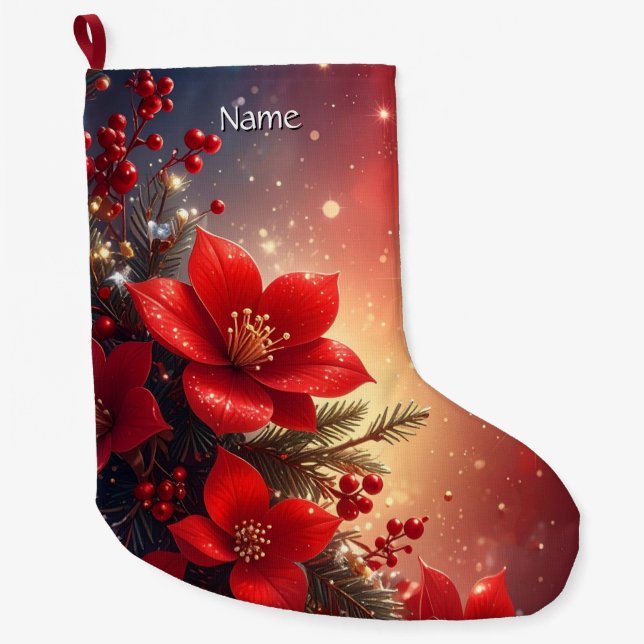 Red Christmas Floral Holiday Stocking Großer Weihnachtsstrumpf (Vorderseite)