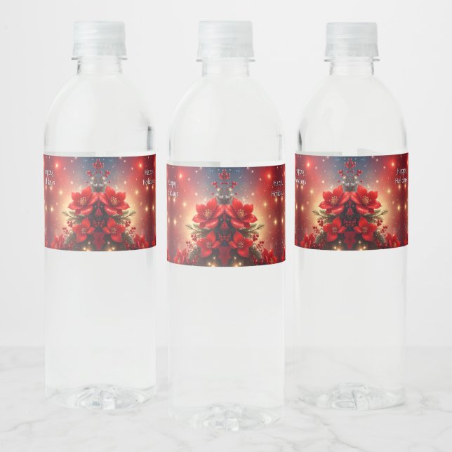 Red Christmas Floral Holiday Water Bottle Label Wasserflaschenetikett (Flaschen)