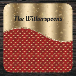 Red Christmas Floral mit Gold Ribbon und Name Rechteckiger Pappuntersetzer