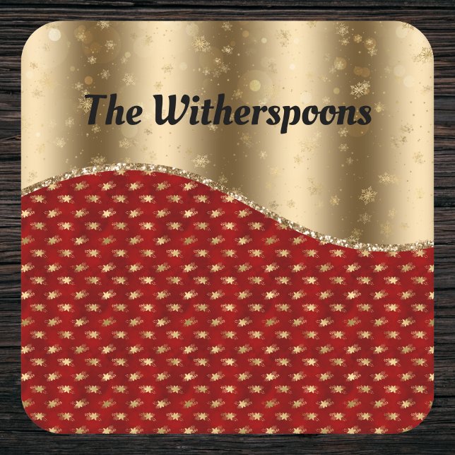 Red Christmas Floral mit Gold Ribbon und Name Rechteckiger Pappuntersetzer (Von Creator hochgeladen)