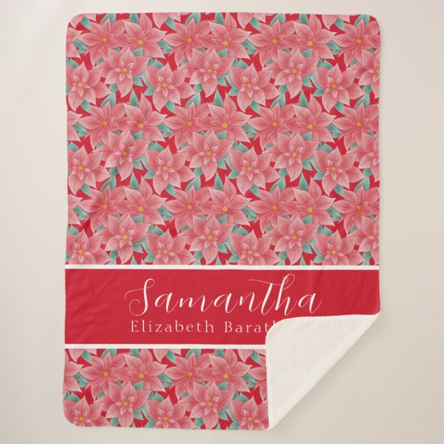 Red Christmas Floral Poinsettia Personalisierter N Sherpadecke (Vorderseite)
