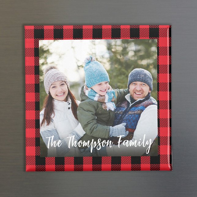 Red Christmas Foto Buffalo Karo Custom Magnet (Simple buffalo check photo calligraphy script magnet.)