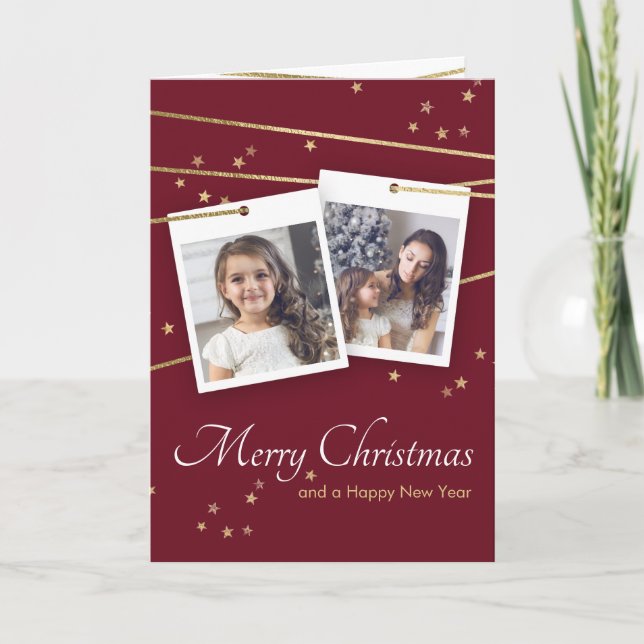 Red Christmas Foto Gruß Gold geometrische Linien Einladung (Vorderseite)