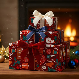 Red Christmas Gift Wrapping Paper with Festive Ico Geschenkpapier