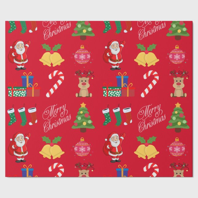 Red Christmas Icons Wrapper Paper Geschenkpapier (Saum)