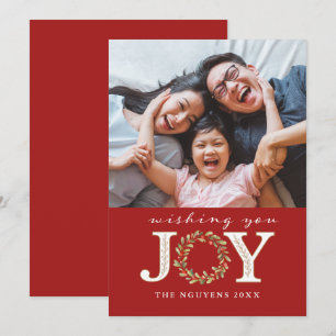Red Christmas Joy Watercolor Wreath Foto Card Feiertagskarte