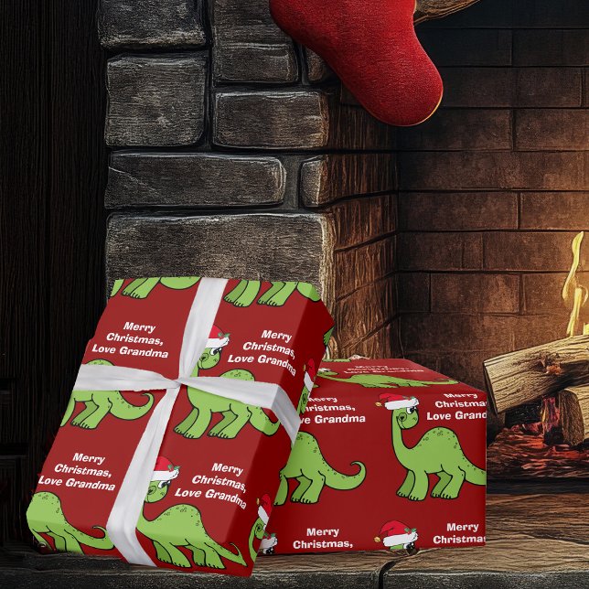 Red Christmas Kids Dinosaurier Niedlich Personalis Geschenkpapier (Von Creator hochgeladen)