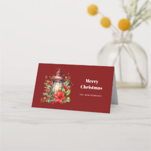 Red Christmas Lantern Poinsettia und Pine Small Platzkarte