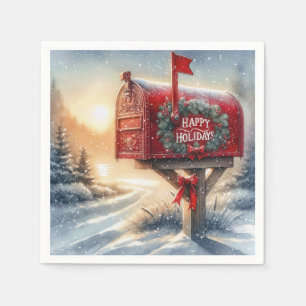 Red Christmas Mailbox in Snow Serviette