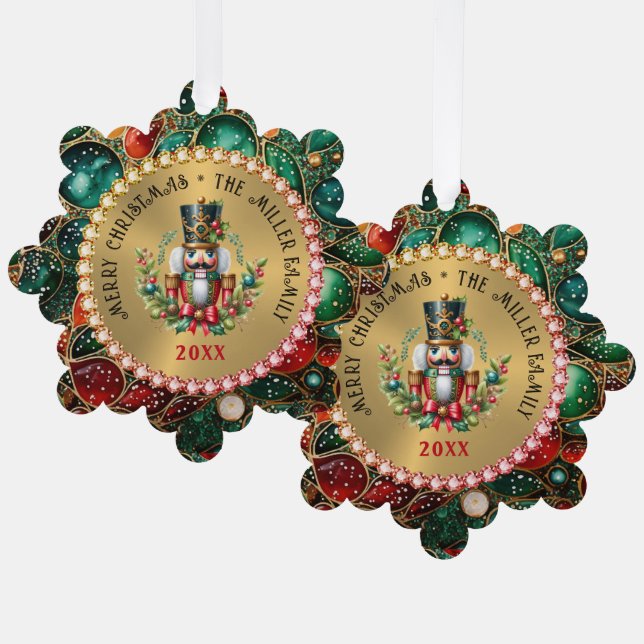 Red Christmas Nutcracker, Glitzer Frame Ornament Karte (Vorderseite/Rückseite)