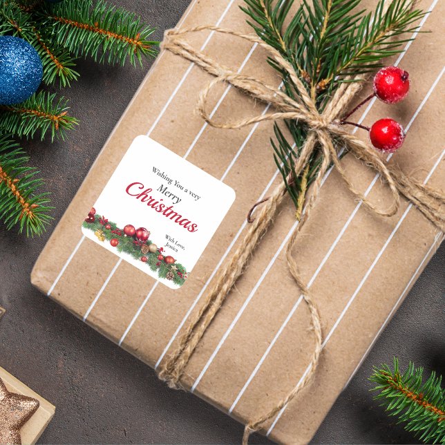 Red Christmas Ornaments Festive Holiday Quadratischer Aufkleber (Von Creator hochgeladen)