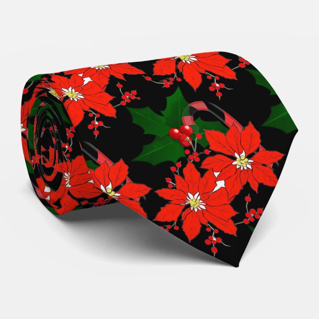 Red Christmas Poinsettia auf Black Neck Tie Krawatte (Gerollt)