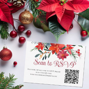 Red Christmas Poinsettia Elegant Floral QR Code RSVP Karte