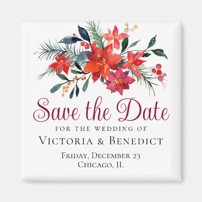 Red Christmas Poinsettia Holiday Save the Date Magnet (Vorne)