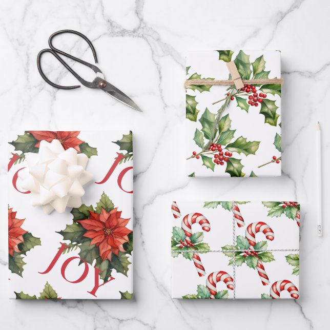 RED CHRISTMAS POINSETTIA, HOLLY, CANDY CANE GESCHENKPAPIER SET (Vorderseite)