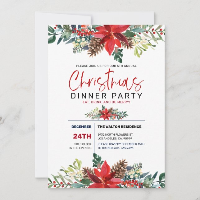Red Christmas Poinsettia und Wnter Foliage Einladung (Vorderseite)