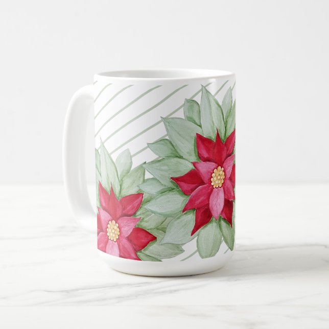 Red Christmas Poinsettia Watercolor Handgemalt Kaffeetasse (Vorderseite Links)