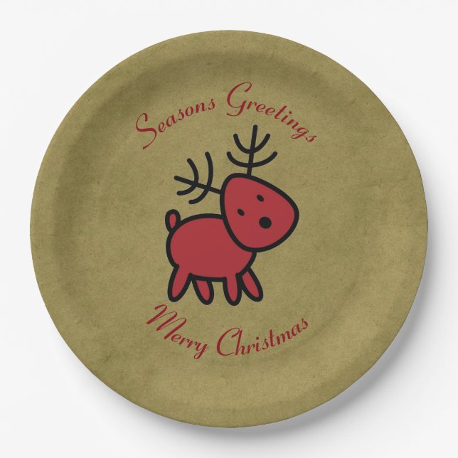 Red Christmas Reindeer Illustration Pappteller (Vorderseite)