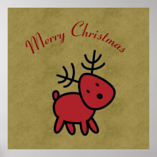 Red Christmas Reindeer Illustration Poster