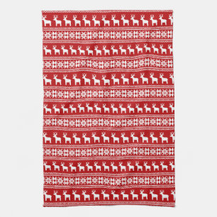 Red Christmas Reindeer Snowflake Klassisches Muste Geschirrtuch