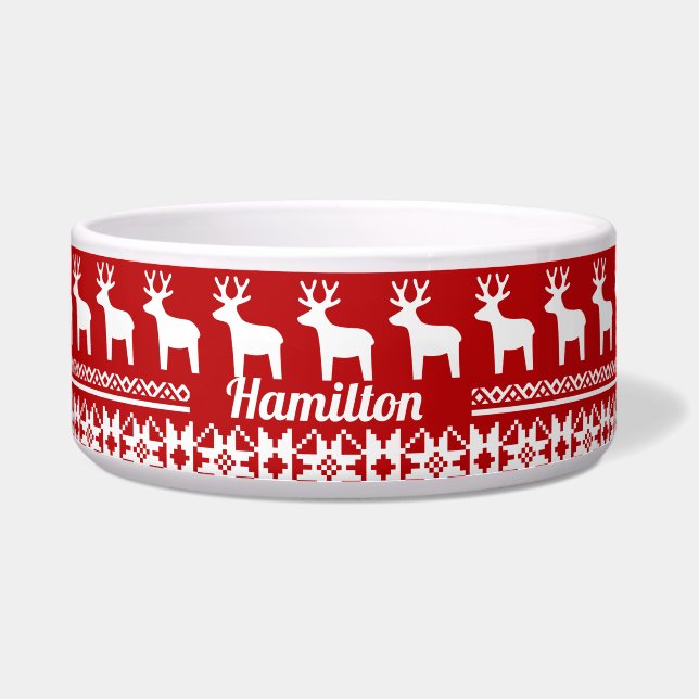 Red Christmas Reindeer Snowflake Muster Monogram Napf (Vorderseite)