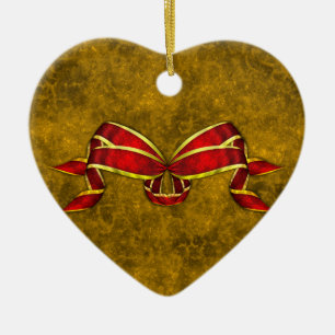 Red Christmas Ribbon auf Gold Keramikornament