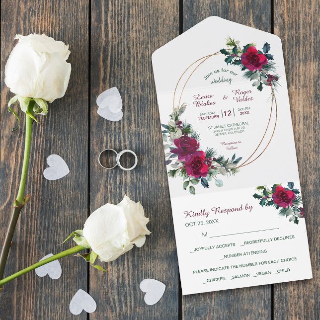 Red Christmas Rose Gold Frame Wedding All In One Einladung (Von Creator hochgeladen)