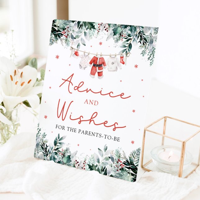 Red Christmas Santa Baby Duschberatung und Wünsche Sockelschild (Watercolor Cute Red Christmas Santa Baby Shower Advice and Wishes Sign)