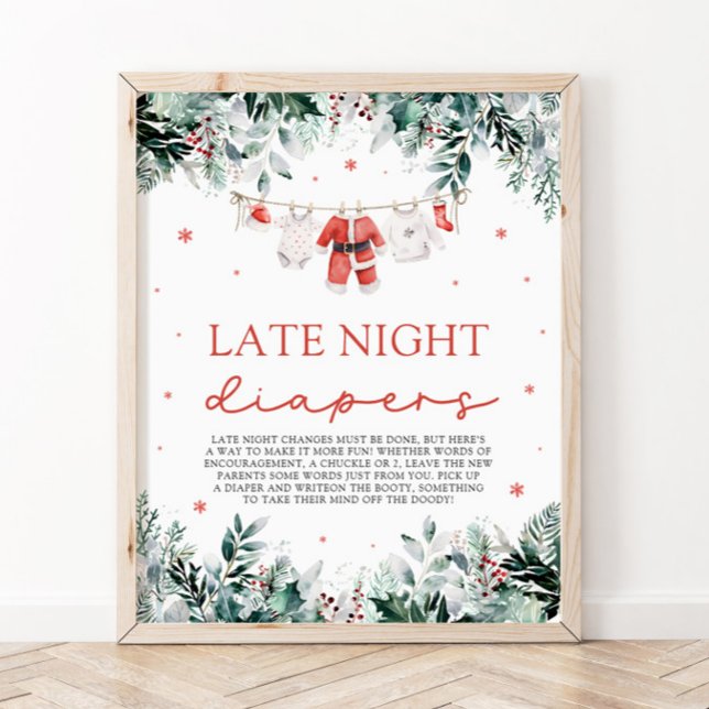 Red Christmas Santa Baby Dusche Spate Night Diaper Poster (Watercolor Red Christmas Santa Baby Shower Late Night Diapers Sign)