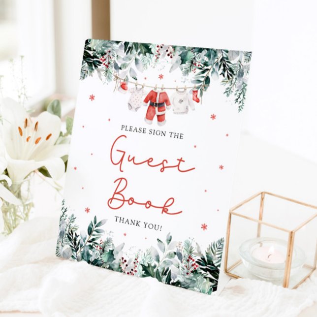 Red Christmas Santa Baby Showstar Gästebuchsignatu Sockelschild (Watercolor Red Christmas Santa Baby Shower Guest Book Sign)
