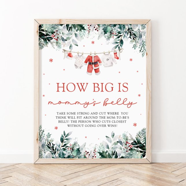 Red Christmas Santa Baby wie groß ist Mama's Bauch Poster (Watercolor Red Christmas Santa Baby How Big Is Mommy's Belly Sign)