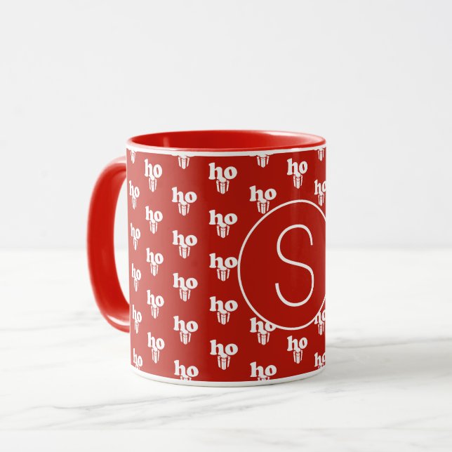 Red Christmas Santa Greeting Ho Ho Ho Mit Monogram Tasse (Vorderseite Links)