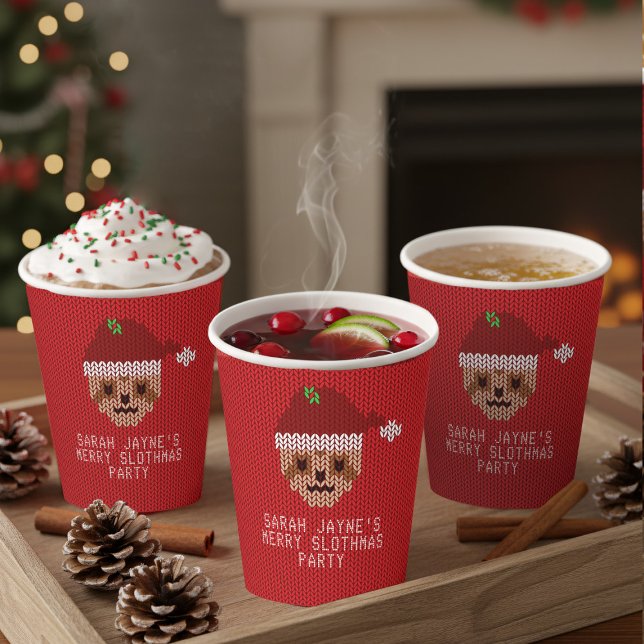 Red Christmas Sloth Sweater Party Paper Cups Pappbecher (Festive drinks taste better in sloth paper cups. Add your sweater party details)