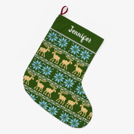Red Christmas Snowflakes Elche Nordic Green Patter Großer Weihnachtsstrumpf
