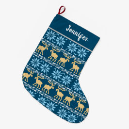 Red Christmas Snowflakes Elk Nordic Blue Pattern Großer Weihnachtsstrumpf