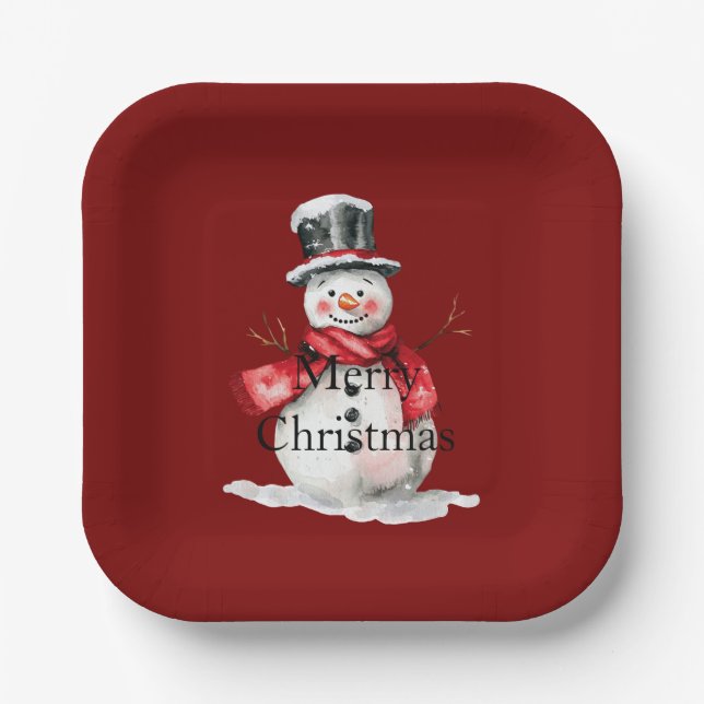 Red Christmas Snowman Pappteller (Vorderseite)