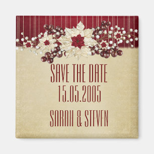 Red Christmas Star Damask Gold Save the Date Magnet