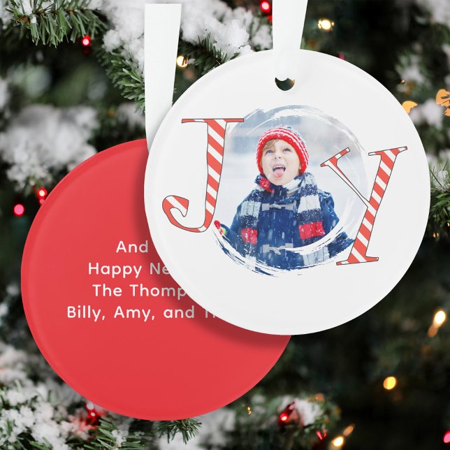 Red Christmas Stripes Foto Joy Typografy Ornament (Joy Photo Typography Red and White Striped Ornaments.)