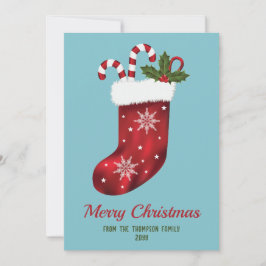 Red Christmas Strumpf auf Blau mit benutzerdefinie Feiertagskarte