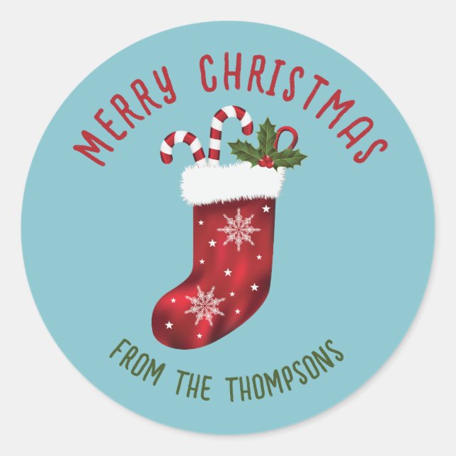 Red Christmas Strumpf auf Blau mit benutzerdefinie Runder Aufkleber (Vorderseite)