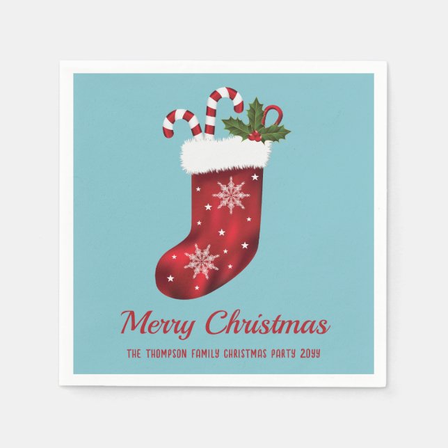 Red Christmas Strumpf auf Blau mit benutzerdefinie Serviette (Vorderseite)