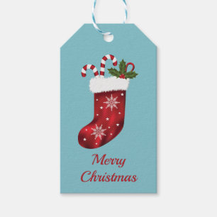 Red Christmas Strumpf On Blue - Frohe Weihnachten Geschenkanhänger