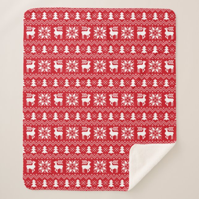 Red Christmas Sweater Reindeer Poinsettias Design Sherpadecke (Vorderseite)