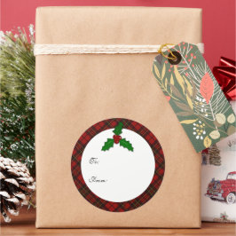 Red Christmas tartan Holly drehen Ihr Text Geschen Runder Aufkleber