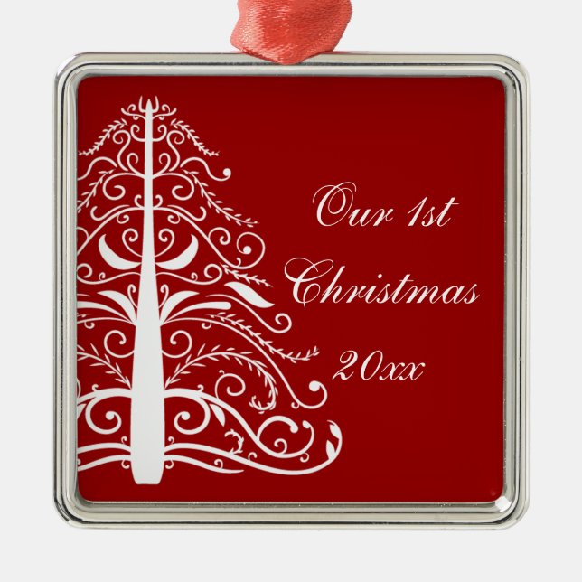 Red Christmas Tree First Christmas Together Silbernes Ornament (Vorne)