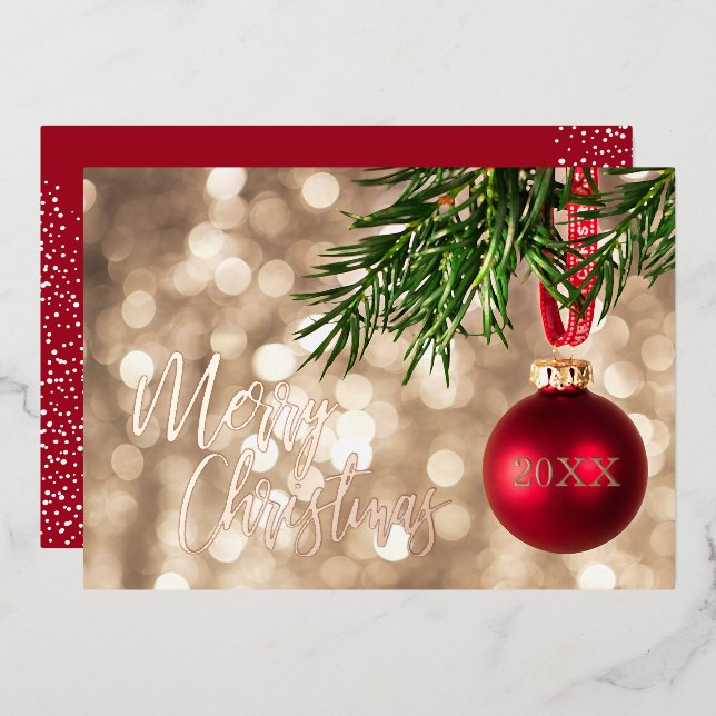 Red Christmas Tree Ornament Rose Folieneinladung (Vorderseite/Rückseite)