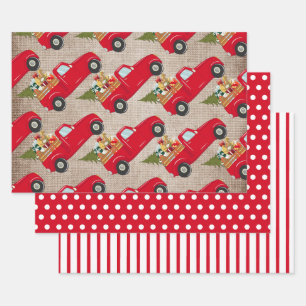 Red Christmas Tree Truck Burlap Polka Dots Streife Geschenkpapier Set