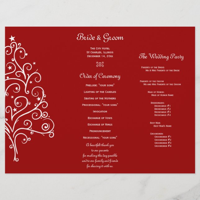 Red Christmas Tree Winter Tri Fold Wedding Program (Vorderseite)