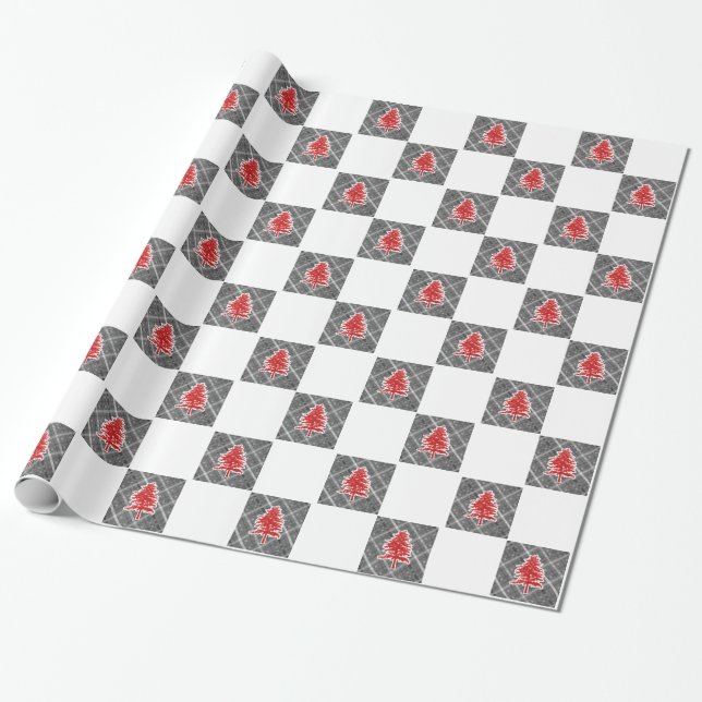 Red Christmas Tree Xmas Checkered Design Holiday Geschenkpapier (Ungerollt)